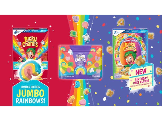 Lucky Charms Rainbow Sprinkles, Lucky Charms Jumbo Rainbow Cereal and Jumbo Rainbow Just Magical Marshmallows, available in retailers nationwide this spring
