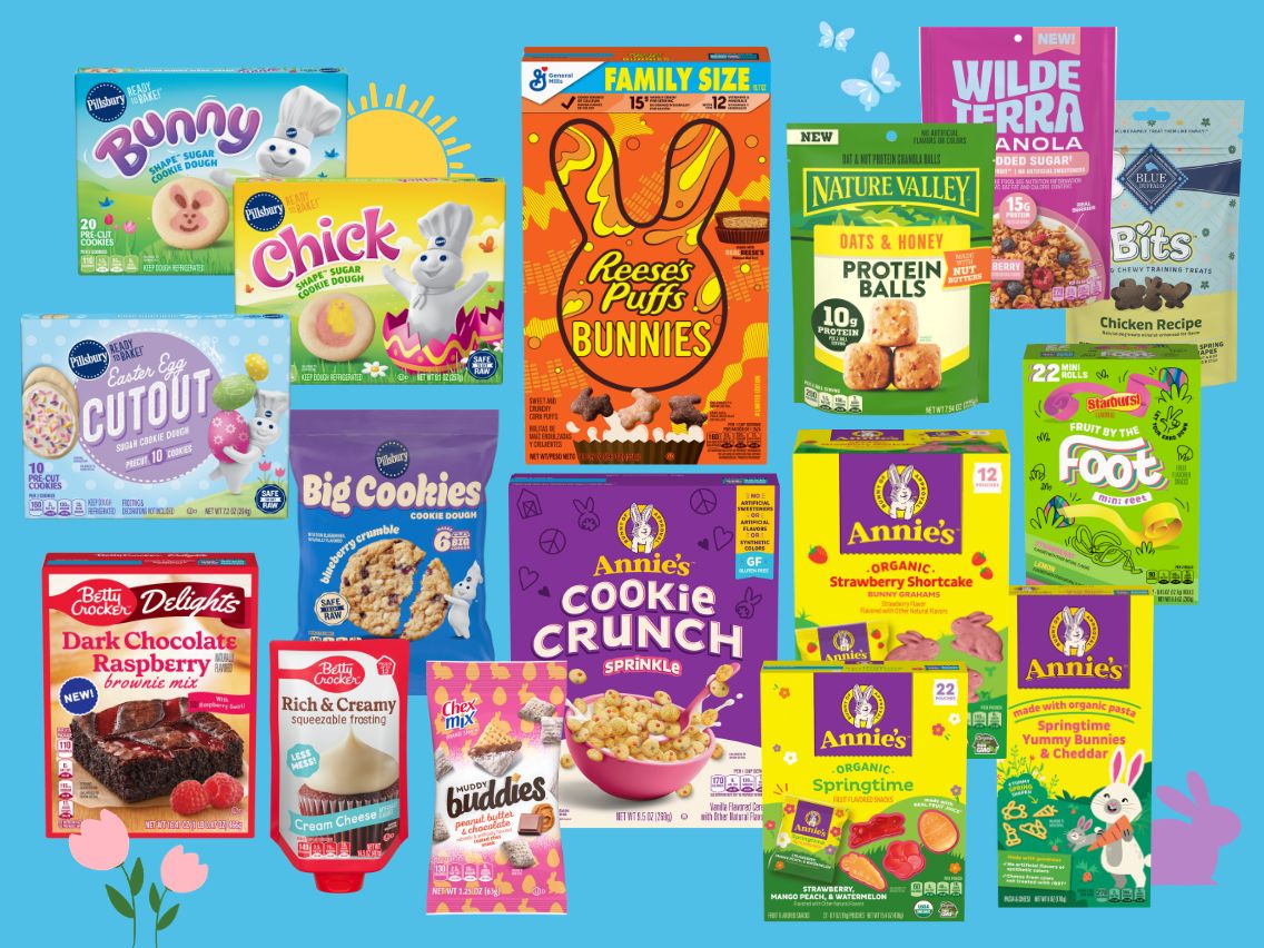 Pillsbury Shape Sugar Cookies, Reeses’s Puffs Bunnies, Betty Crocker Delights and more spring-forward products arranged on a bright blue background with sun and buttery fly infographics for spring.
