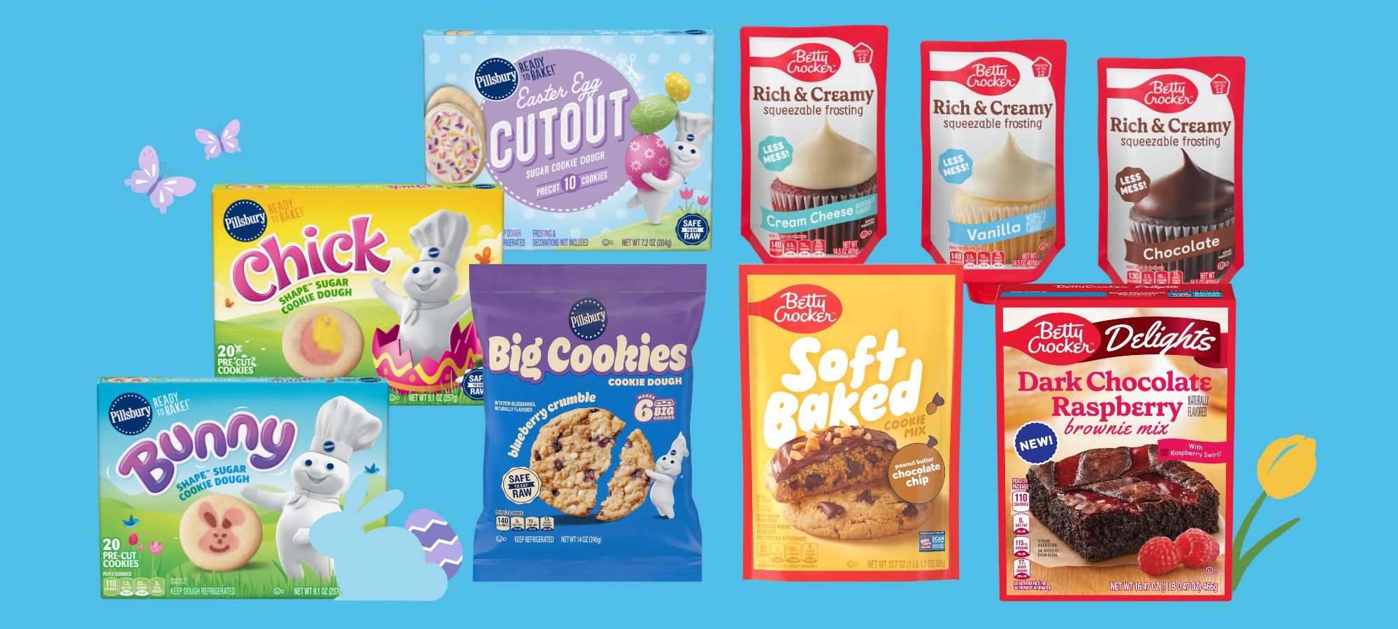 Pillsbury Big Cookies, Betty Crocker Rich & Creamy Frosting and Soft Baked Cookies arranged on a bright blue background with butterfly and flower infographics for spring.